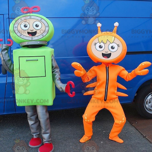 2 BIGGYMONKEY™:n maskotti vihreä robotti ja oranssi rapu -