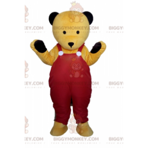 BIGGYMONKEY™ maskotkostume af gul bamse i røde overalls -