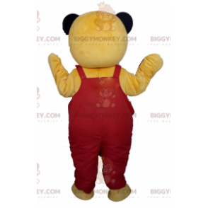 BIGGYMONKEY™ maskotkostume af gul bamse i røde overalls -