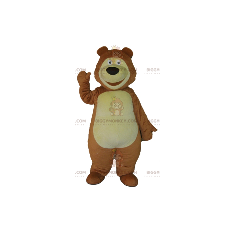 Traje de mascote de urso marrom e amarelo grande sorridente