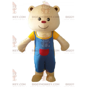 BIGGYMONKEY™ Mascottekostuum Grote beige teddybeer met blauwe