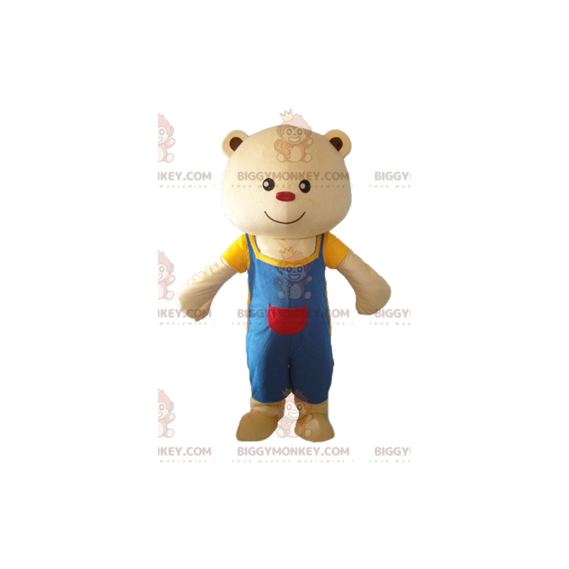 BIGGYMONKEY™ Mascottekostuum Grote beige teddybeer met blauwe