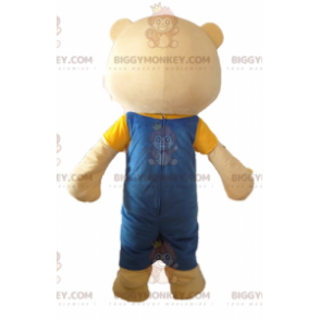 BIGGYMONKEY™ Mascottekostuum Grote beige teddybeer met blauwe