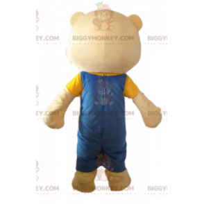 BIGGYMONKEY™ maskotkostume Stor beige bamse med blå overalls -