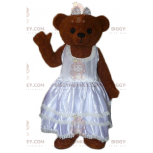 Brun Teddy BIGGYMONKEY™ maskotdräkt klädd i bröllopsklänning -