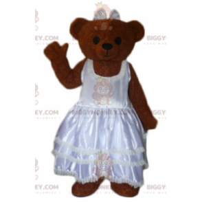 Brun Teddy BIGGYMONKEY™ maskotdräkt klädd i bröllopsklänning -