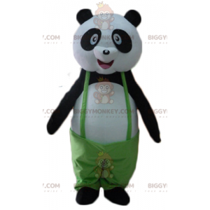 BIGGYMONKEY™ maskotdräkt av svartvit panda med grön overall -