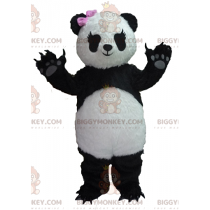 Traje de mascote BIGGYMONKEY™ Panda preto e branco com laço