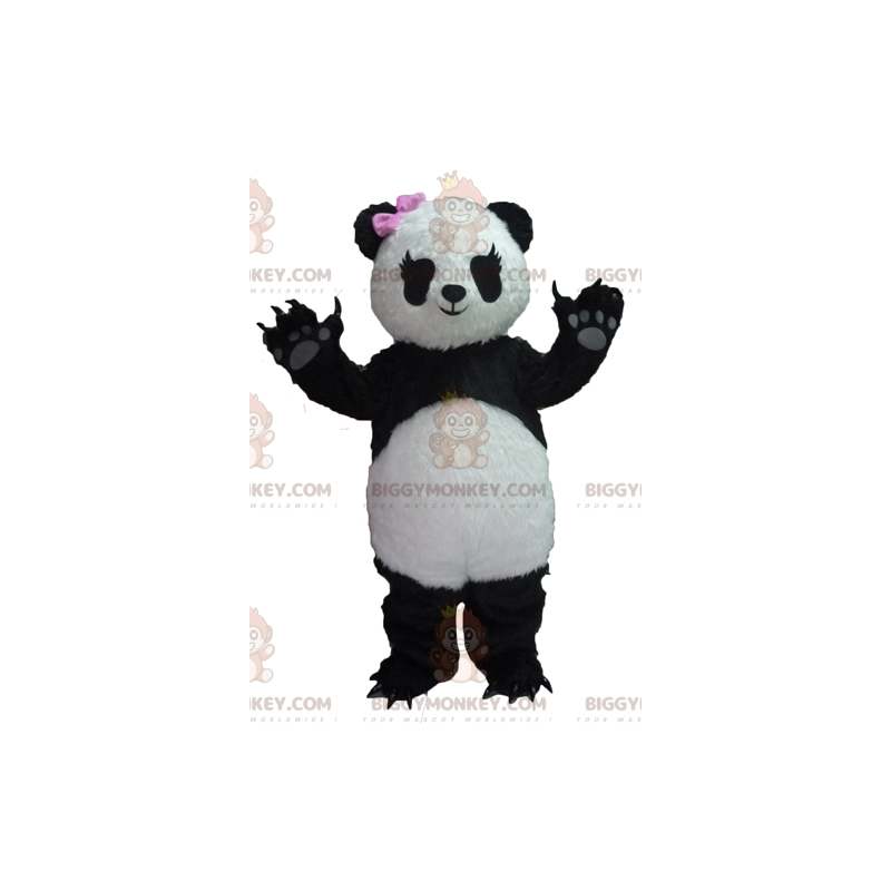 BIGGYMONKEY™ Mascottekostuum Zwart-witte panda met roze strik -