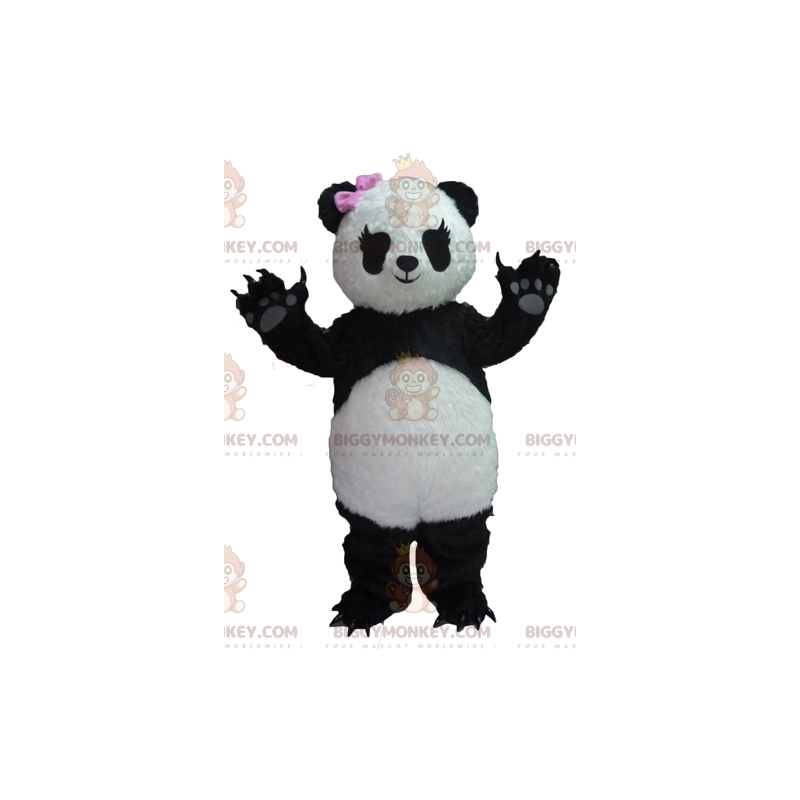 Kostým maskota BIGGYMONKEY™ Černobílá panda s růžovou mašlí –