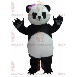 BIGGYMONKEY™ Maskotdräkt Svartvit panda med rosa rosett -