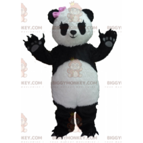 Traje de mascote BIGGYMONKEY™ Panda preto e branco com laço