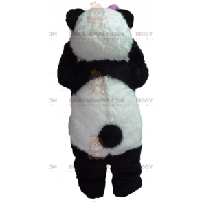 BIGGYMONKEY™ Maskotdräkt Svartvit panda med rosa rosett -
