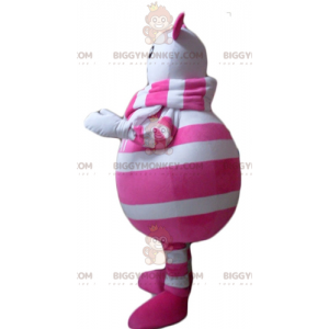 Kostým maskota BIGGYMONKEY™ s bílou a růžovou pruhovanou myší –