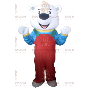 Eisbär BIGGYMONKEY™ Maskottchenkostüm mit rotem Overall und