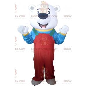 Polar bear BIGGYMONKEY™ mascot costume with red overalls and