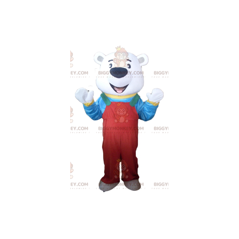 Isbjörn BIGGYMONKEY™ maskotdräkt med röd overall och t-shirt -