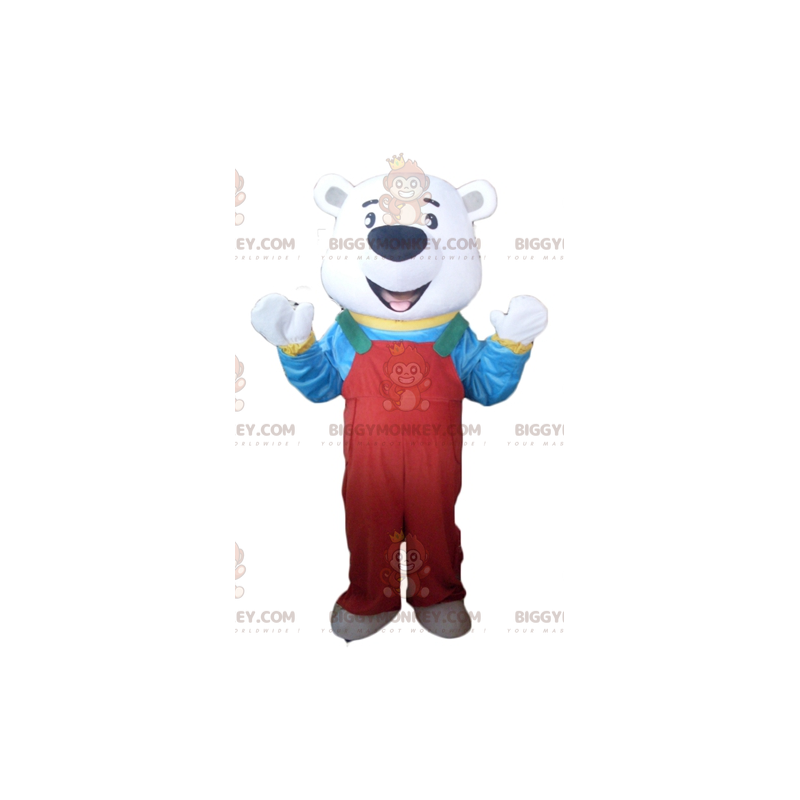 Polar bear BIGGYMONKEY™ mascot costume with red overalls and