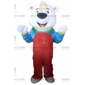 Polar bear BIGGYMONKEY™ mascot costume with red overalls and