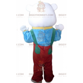 Polar bear BIGGYMONKEY™ mascot costume with red overalls and