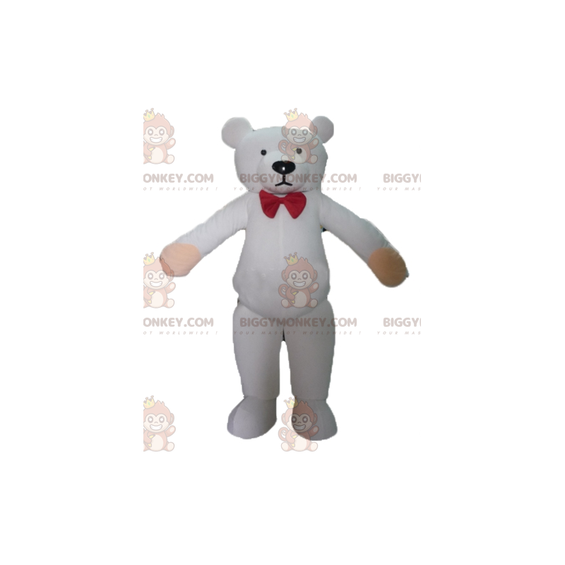 BIGGYMONKEY™ Mascot Costume White Teddy with Red Bow Tie -