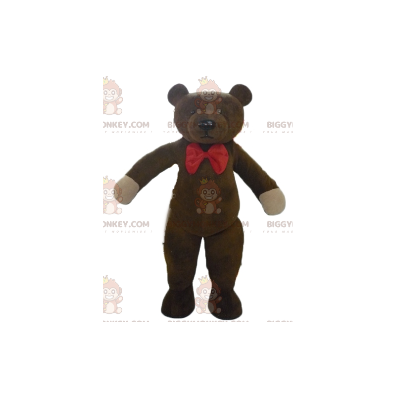 Ruskea Teddy BIGGYMONKEY™ maskottiasu punaisella rusetilla -