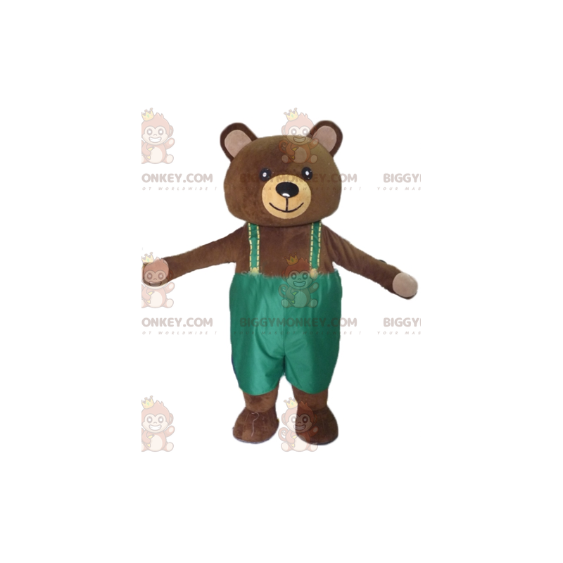 BIGGYMONKEY™ maskotkostume Stor brun bamse med grønne overalls