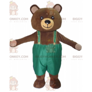 BIGGYMONKEY™ maskotkostume Stor brun bamse med grønne overalls
