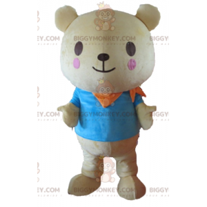 BIGGYMONKEY™ maskotdräkt av stor beige nallebjörn med en blå
