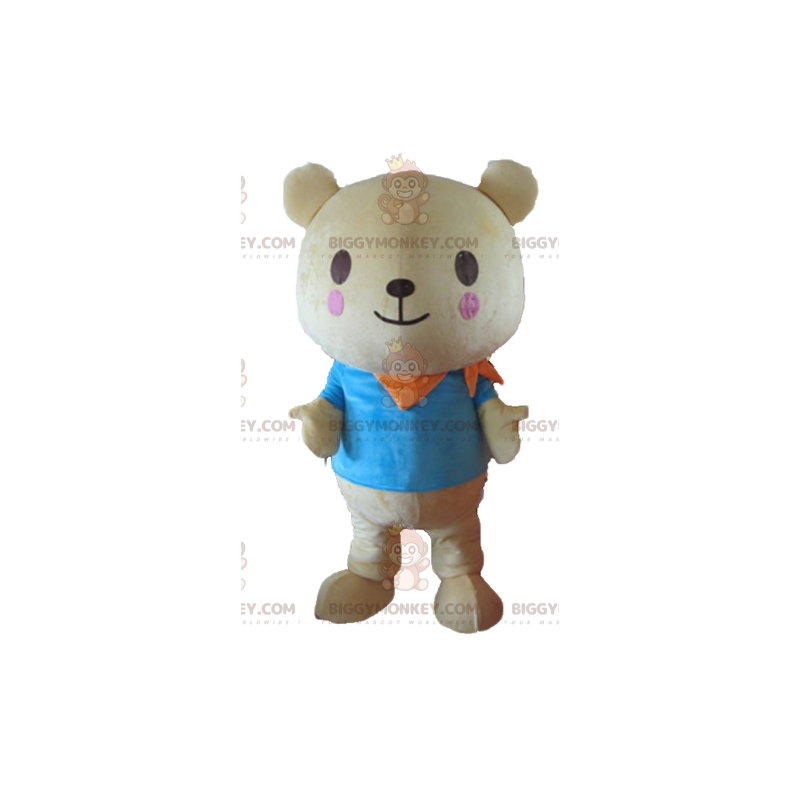 BIGGYMONKEY™ mascot costume of big beige teddy bear with a blue