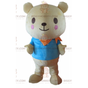BIGGYMONKEY™ mascot costume of big beige teddy bear with a blue