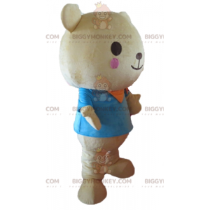 BIGGYMONKEY™ mascot costume of big beige teddy bear with a blue