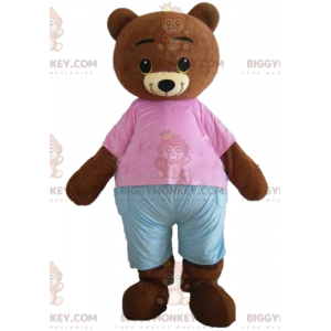 BIGGYMONKEY™ Liten brun brun björnmaskotdräkt med rosa och blå