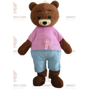 Traje de mascote de urso marrom BIGGYMONKEY™ com roupa rosa e