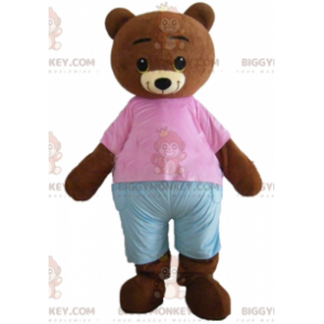 Traje de mascote de urso marrom BIGGYMONKEY™ com roupa rosa e
