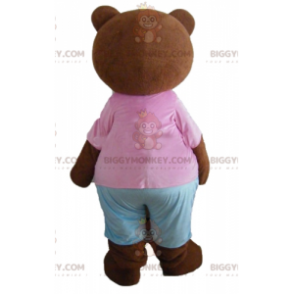 Traje de mascote de urso marrom BIGGYMONKEY™ com roupa rosa e