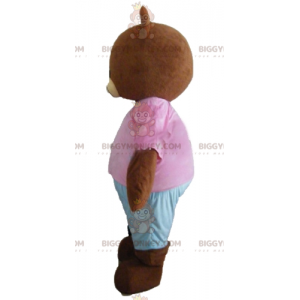Traje de mascote de urso marrom BIGGYMONKEY™ com roupa rosa e