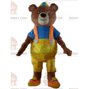 Brown bear BIGGYMONKEY™ mascot costume with yellow overalls and