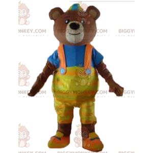 Costume da mascotte orso bruno BIGGYMONKEY™ con tuta gialla e