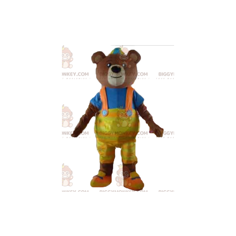 Brown bear BIGGYMONKEY™ mascot costume with yellow overalls and