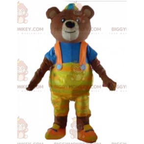 Brown bear BIGGYMONKEY™ mascot costume with yellow overalls and