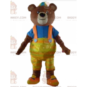 Brun björn BIGGYMONKEY™ maskotdräkt med gul overall och t-shirt