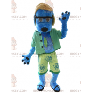 Blauwe hond BIGGYMONKEY™ mascottekostuum gekleed in groen -