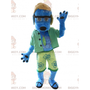 Traje de mascote Blue Dog BIGGYMONKEY™ vestido de verde –