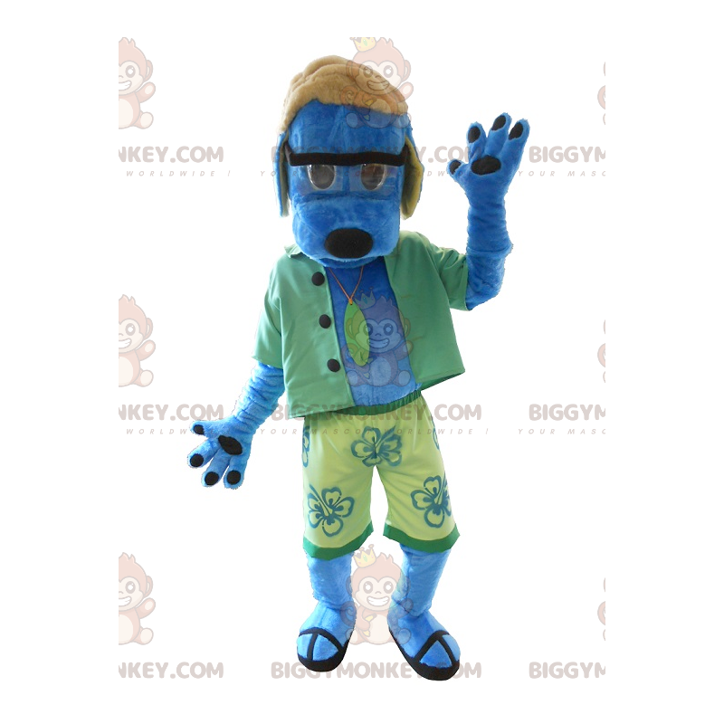Niebieski kostium maskotki BIGGYMONKEY™ ubrany na zielono -