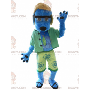 Blå hund BIGGYMONKEY™ maskotkostume klædt i grønt -