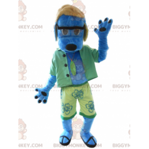 Costume de mascotte BIGGYMONKEY™ de chien bleu habillé en vert