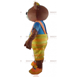 Brown bear BIGGYMONKEY™ mascot costume with yellow overalls and