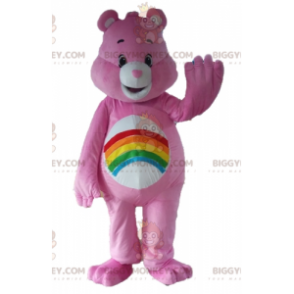 Pink Care Bear BIGGYMONKEY™ maskottiasu, jossa sateenkaari