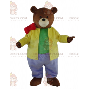 Στολή μασκότ BIGGYMONKEY™ καφέ αρκούδας ντυμένη με πολύχρωμη
